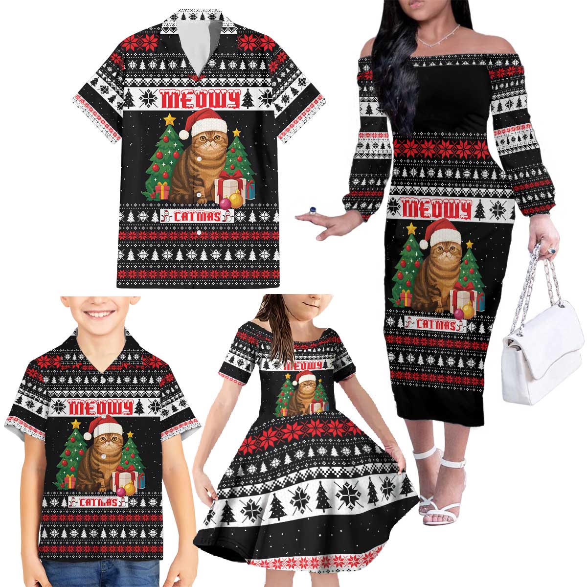 Meowy Catmas Family Matching Off The Shoulder Long Sleeve Dress and Hawaiian Shirt with Tabby Cat Santa Hat and Christmas Tree Gift Pattern Design - Wonder Print Shop