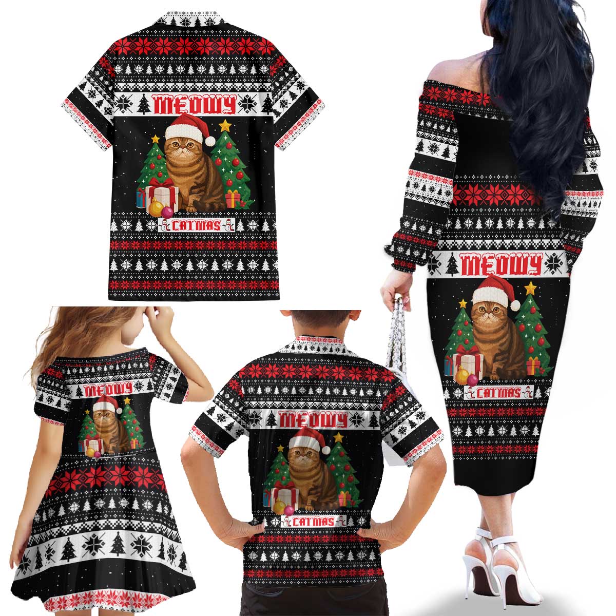 Meowy Catmas Family Matching Off The Shoulder Long Sleeve Dress and Hawaiian Shirt with Tabby Cat Santa Hat and Christmas Tree Gift Pattern Design - Wonder Print Shop