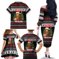 Meowy Catmas Family Matching Off The Shoulder Long Sleeve Dress and Hawaiian Shirt with Tabby Cat Santa Hat and Christmas Tree Gift Pattern Design - Wonder Print Shop
