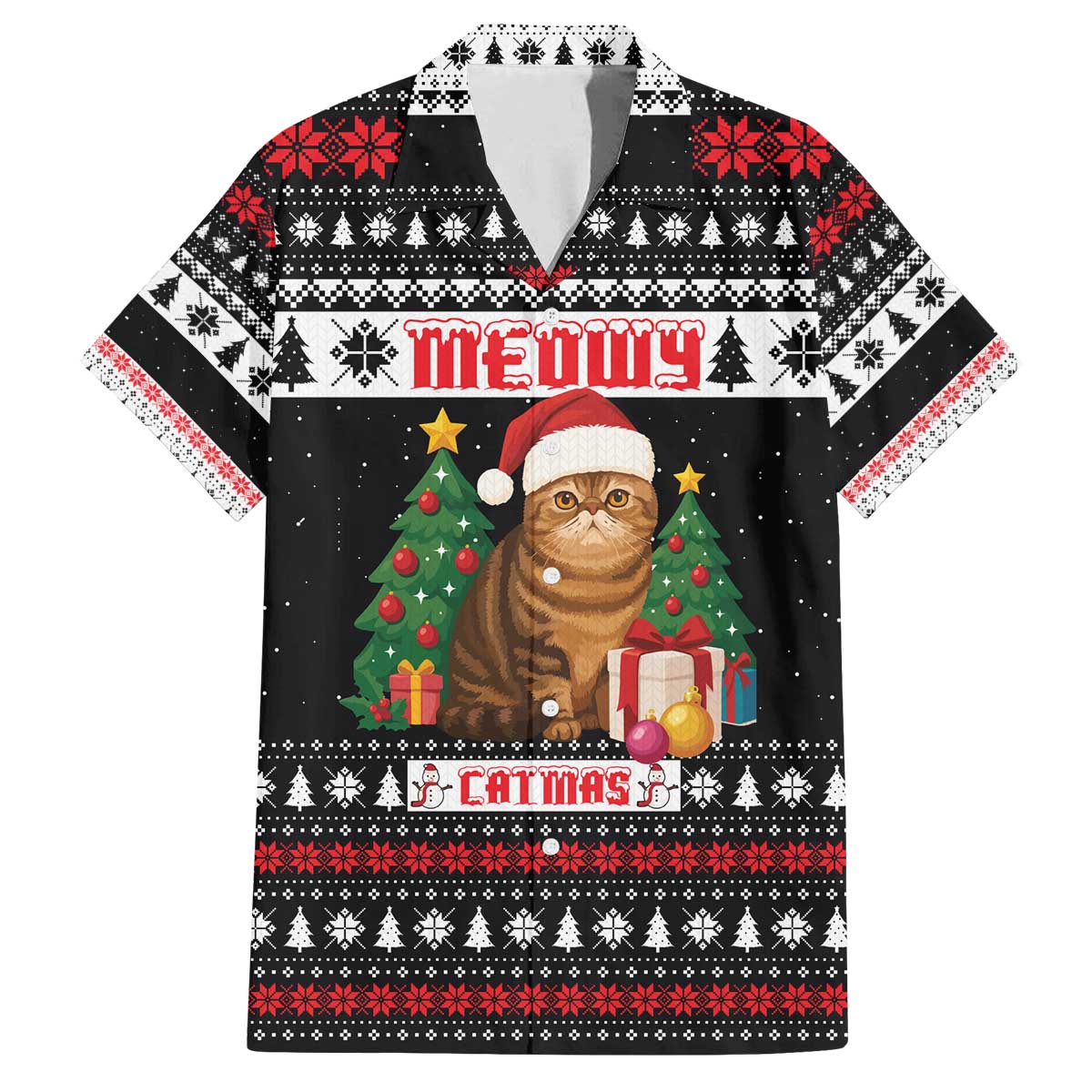 Meowy Catmas Family Matching Off The Shoulder Long Sleeve Dress and Hawaiian Shirt with Tabby Cat Santa Hat and Christmas Tree Gift Pattern Design - Wonder Print Shop