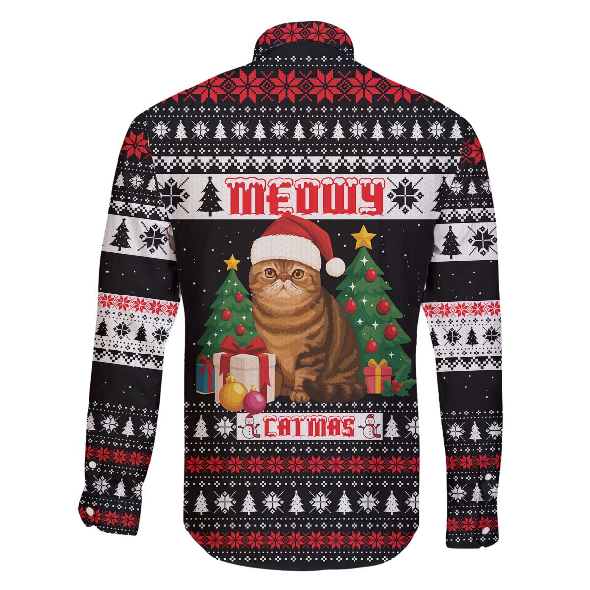 Meowy Catmas Family Matching Off The Shoulder Long Sleeve Dress and Hawaiian Shirt with Tabby Cat Santa Hat and Christmas Tree Gift Pattern Design - Wonder Print Shop