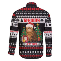 Meowy Catmas Family Matching Off The Shoulder Long Sleeve Dress and Hawaiian Shirt with Tabby Cat Santa Hat and Christmas Tree Gift Pattern Design - Wonder Print Shop