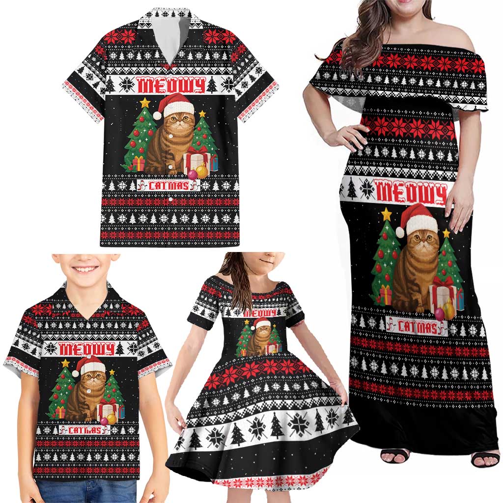 Meowy Catmas Family Matching Off Shoulder Maxi Dress and Hawaiian Shirt with Tabby Cat Santa Hat and Christmas Tree Gift Pattern Design - Wonder Print Shop