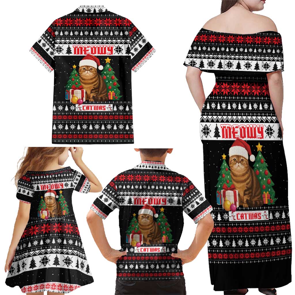 Meowy Catmas Family Matching Off Shoulder Maxi Dress and Hawaiian Shirt with Tabby Cat Santa Hat and Christmas Tree Gift Pattern Design - Wonder Print Shop