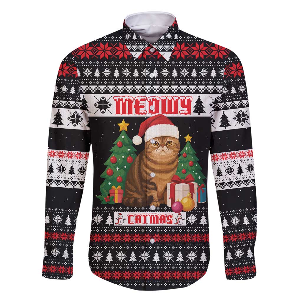 Meowy Catmas Family Matching Off Shoulder Maxi Dress and Hawaiian Shirt with Tabby Cat Santa Hat and Christmas Tree Gift Pattern Design - Wonder Print Shop