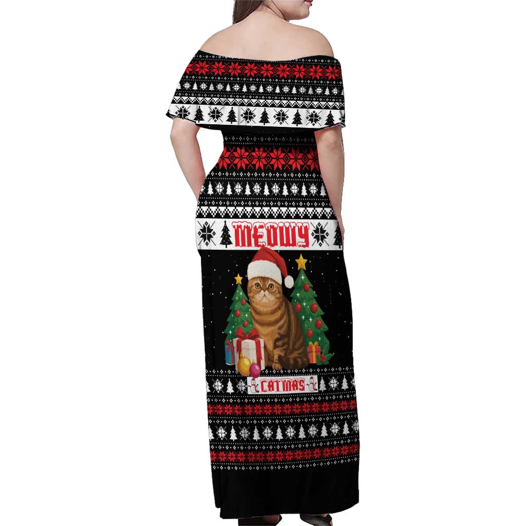 Meowy Catmas Family Matching Off Shoulder Maxi Dress and Hawaiian Shirt with Tabby Cat Santa Hat and Christmas Tree Gift Pattern Design - Wonder Print Shop