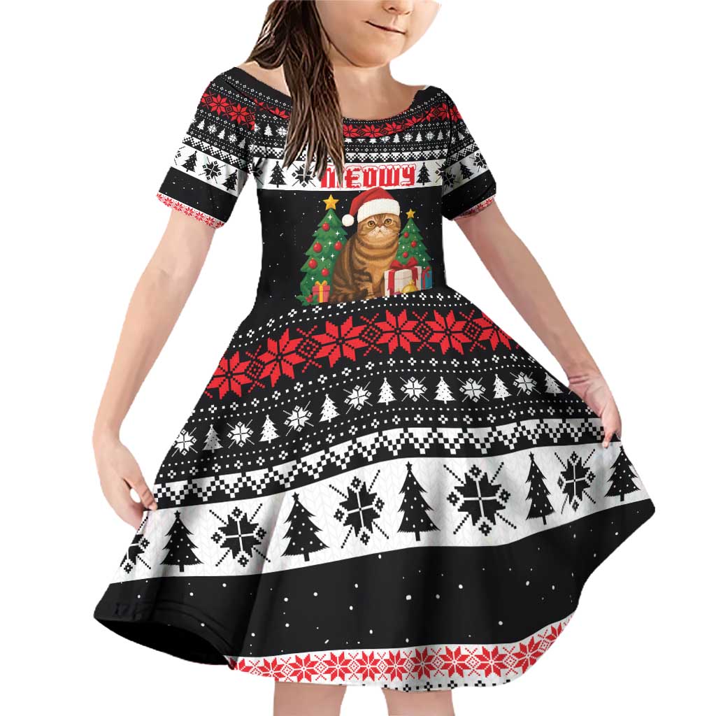 Meowy Catmas Family Matching Off Shoulder Short Dress and Hawaiian Shirt with Tabby Cat Santa Hat and Christmas Tree Gift Pattern Design - Wonder Print Shop