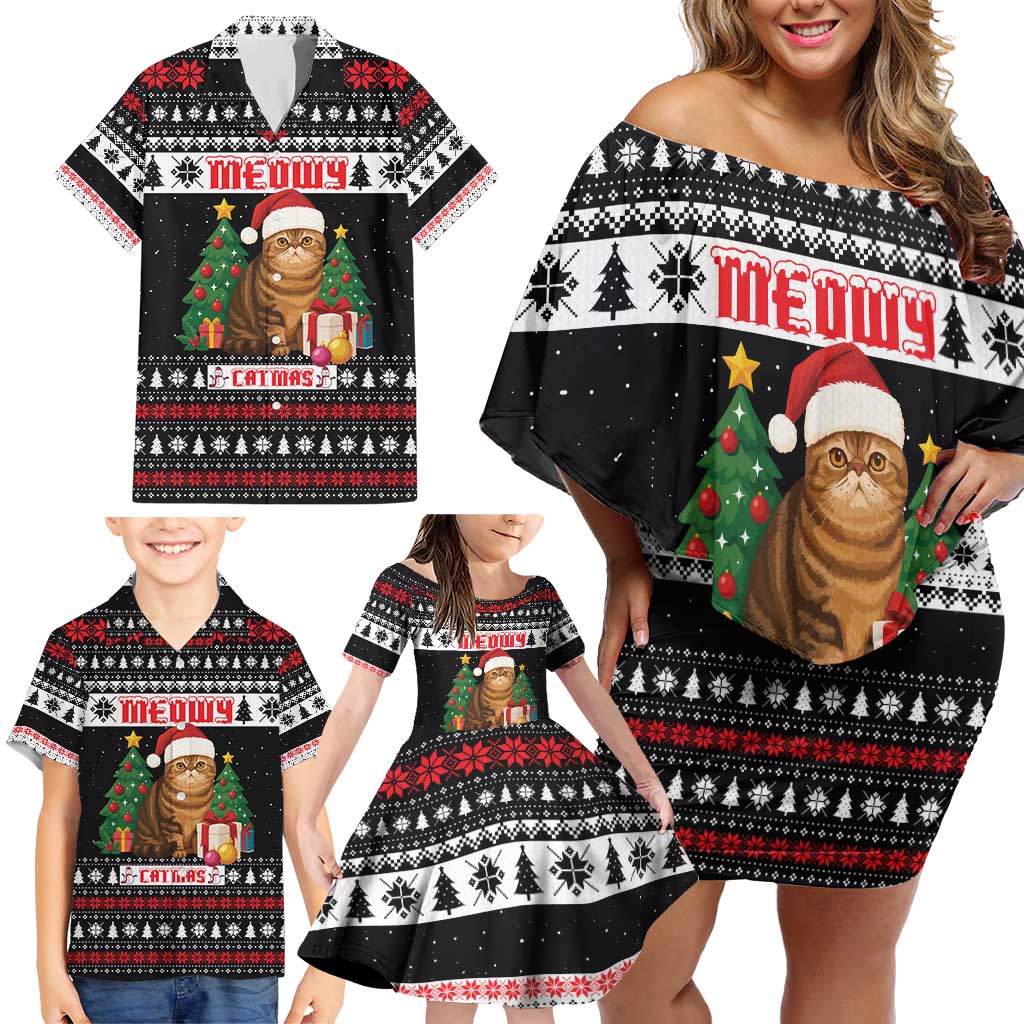 Meowy Catmas Family Matching Off Shoulder Short Dress and Hawaiian Shirt with Tabby Cat Santa Hat and Christmas Tree Gift Pattern Design - Wonder Print Shop
