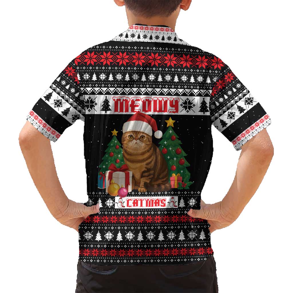 Meowy Catmas Family Matching Puletasi and Hawaiian Shirt with Tabby Cat Santa Hat and Christmas Tree Gift Pattern Design - Wonder Print Shop