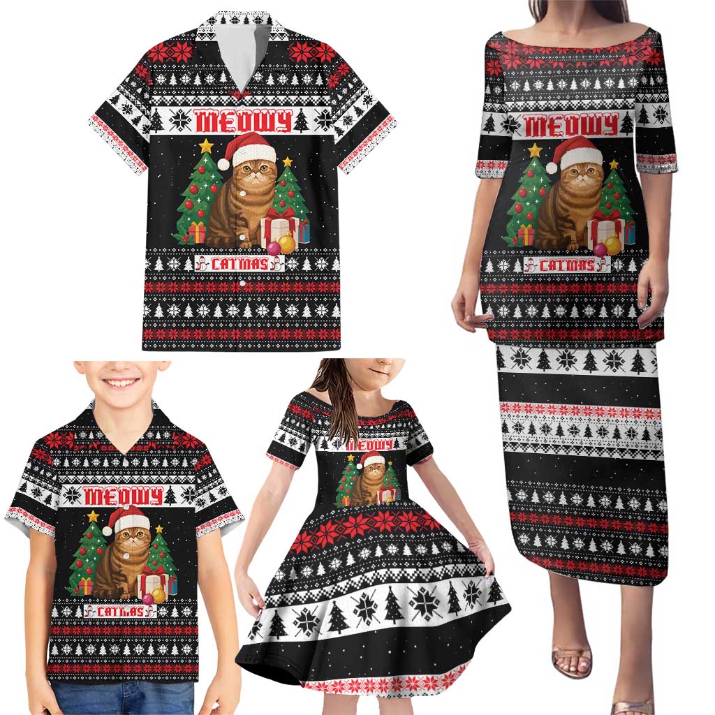 Meowy Catmas Family Matching Puletasi and Hawaiian Shirt with Tabby Cat Santa Hat and Christmas Tree Gift Pattern Design - Wonder Print Shop
