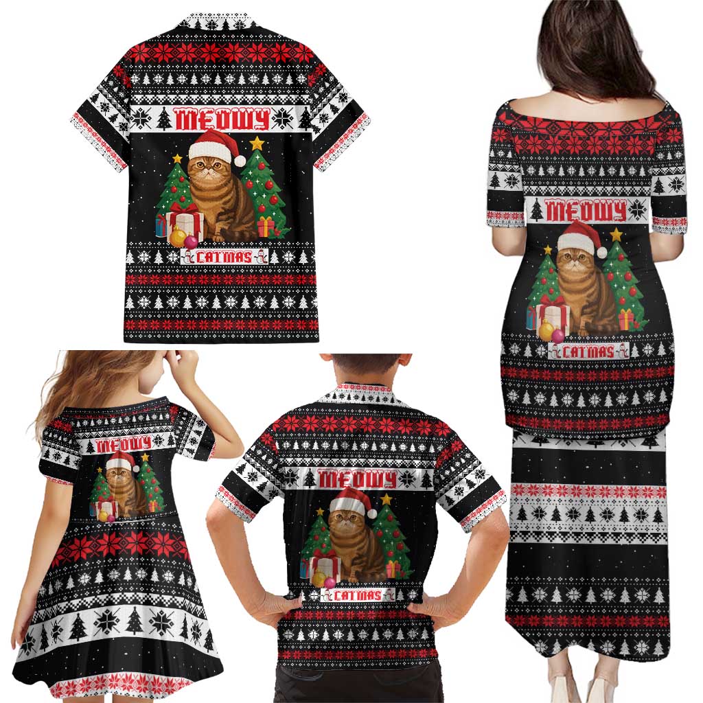 Meowy Catmas Family Matching Puletasi and Hawaiian Shirt with Tabby Cat Santa Hat and Christmas Tree Gift Pattern Design - Wonder Print Shop