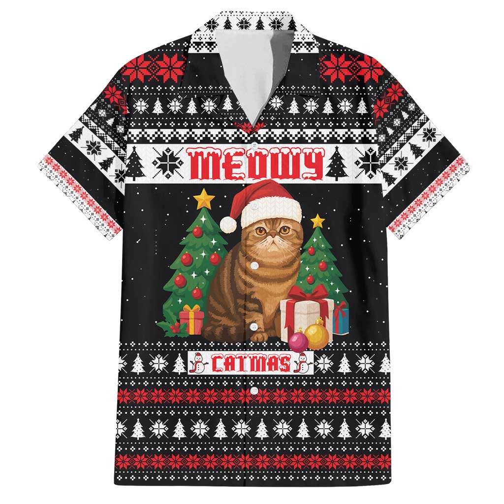 Meowy Catmas Family Matching Puletasi and Hawaiian Shirt with Tabby Cat Santa Hat and Christmas Tree Gift Pattern Design - Wonder Print Shop