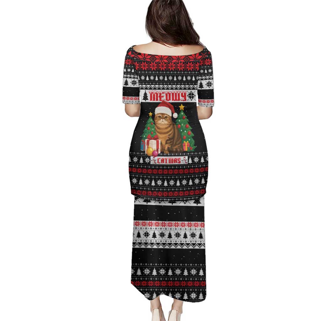 Meowy Catmas Family Matching Puletasi and Hawaiian Shirt with Tabby Cat Santa Hat and Christmas Tree Gift Pattern Design - Wonder Print Shop