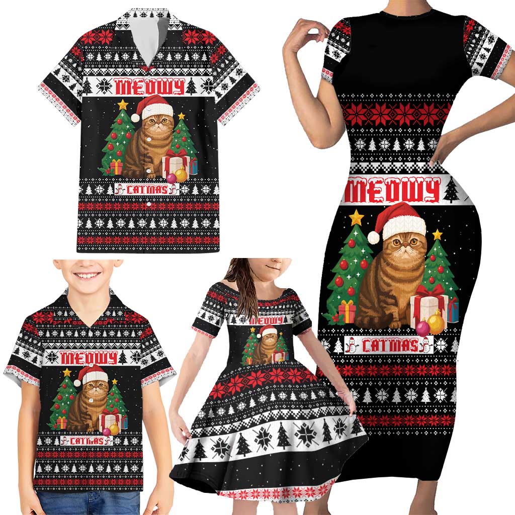 Meowy Catmas Family Matching Short Sleeve Bodycon Dress and Hawaiian Shirt with Tabby Cat Santa Hat and Christmas Tree Gift Pattern Design - Wonder Print Shop