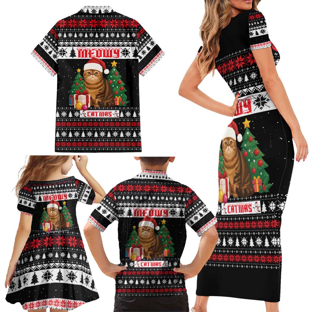 Meowy Catmas Family Matching Short Sleeve Bodycon Dress and Hawaiian Shirt with Tabby Cat Santa Hat and Christmas Tree Gift Pattern Design - Wonder Print Shop