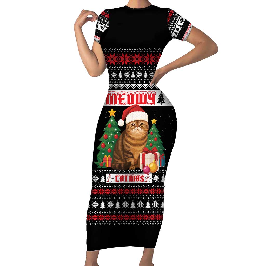 Meowy Catmas Family Matching Short Sleeve Bodycon Dress and Hawaiian Shirt with Tabby Cat Santa Hat and Christmas Tree Gift Pattern Design - Wonder Print Shop