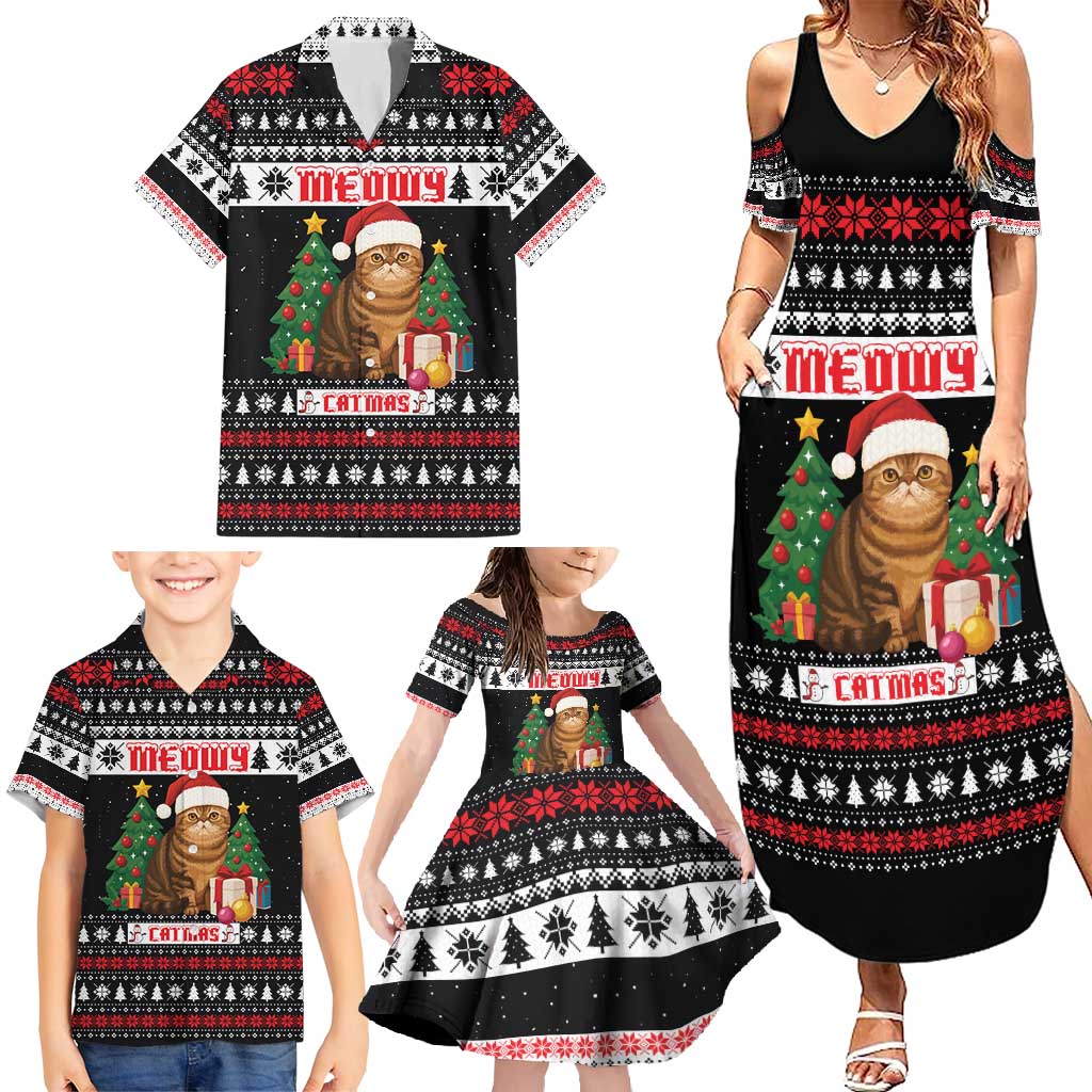 Meowy Catmas Family Matching Summer Maxi Dress and Hawaiian Shirt with Tabby Cat Santa Hat and Christmas Tree Gift Pattern Design - Wonder Print Shop