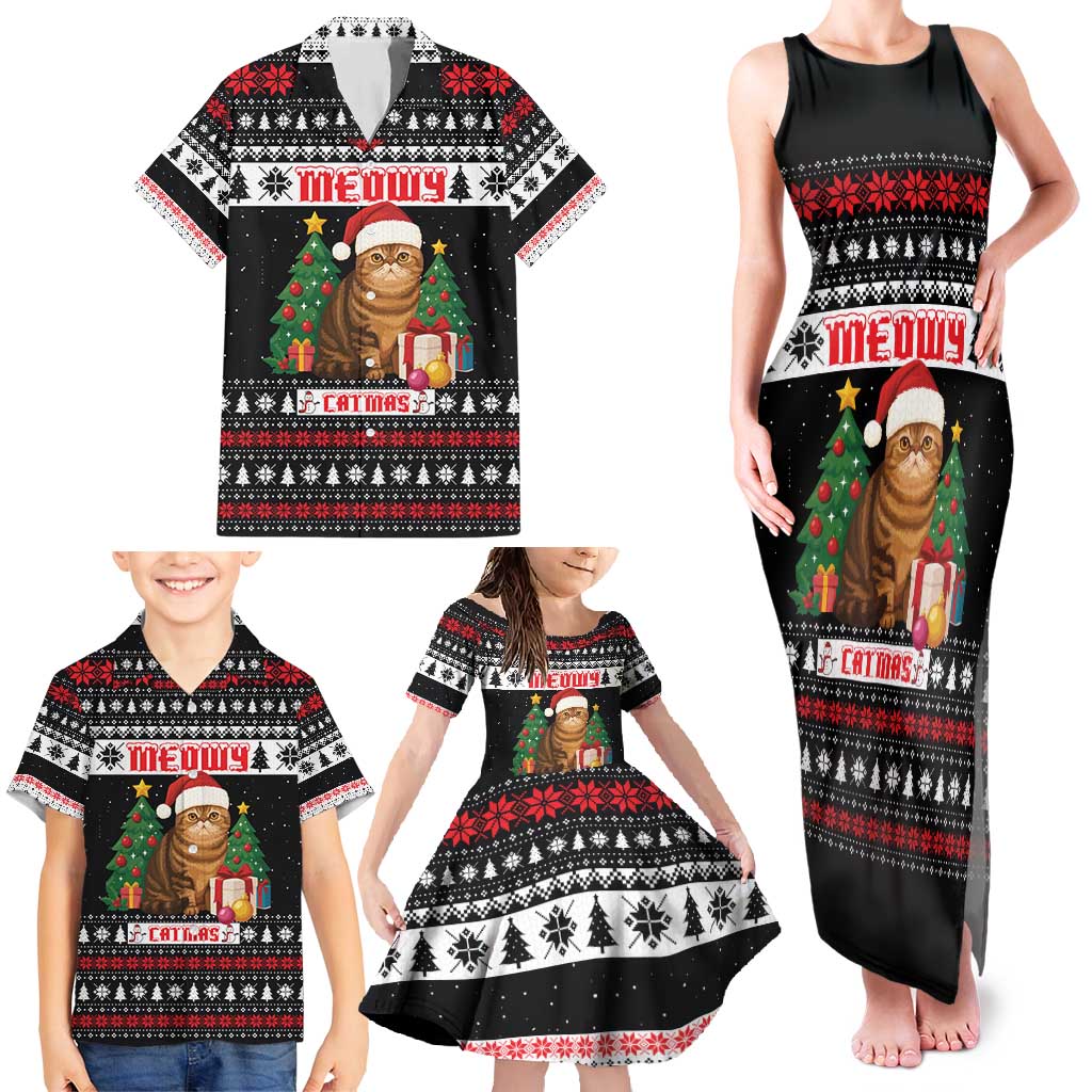 Meowy Catmas Family Matching Tank Maxi Dress and Hawaiian Shirt with Tabby Cat Santa Hat and Christmas Tree Gift Pattern Design - Wonder Print Shop