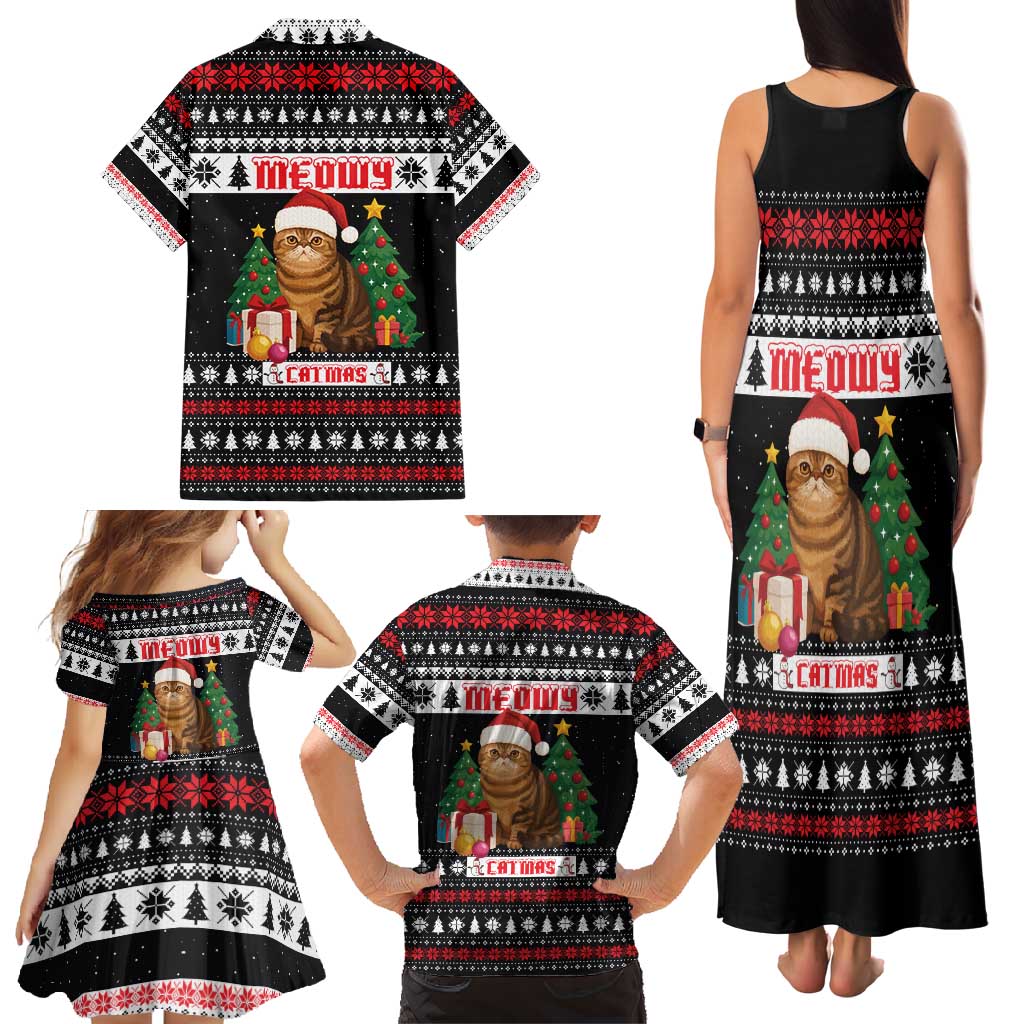 Meowy Catmas Family Matching Tank Maxi Dress and Hawaiian Shirt with Tabby Cat Santa Hat and Christmas Tree Gift Pattern Design - Wonder Print Shop