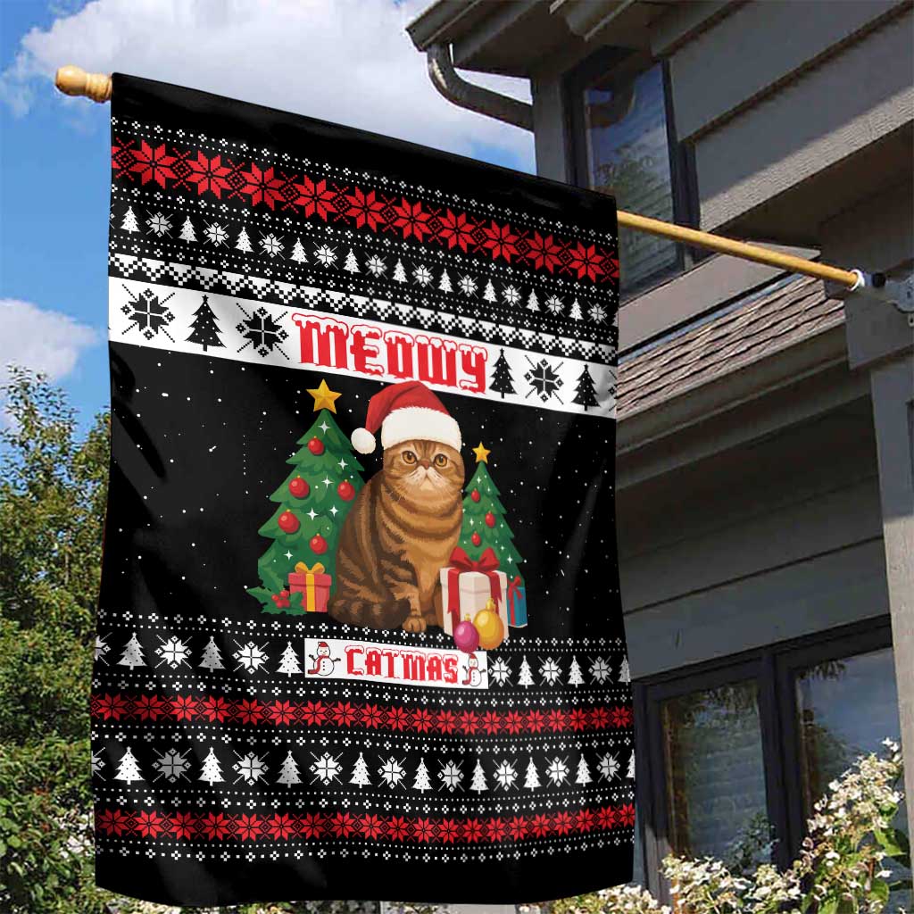 Meowy Catmas Garden Flag with Tabby Cat Santa Hat and Christmas Tree Gift Pattern Design - Wonder Print Shop