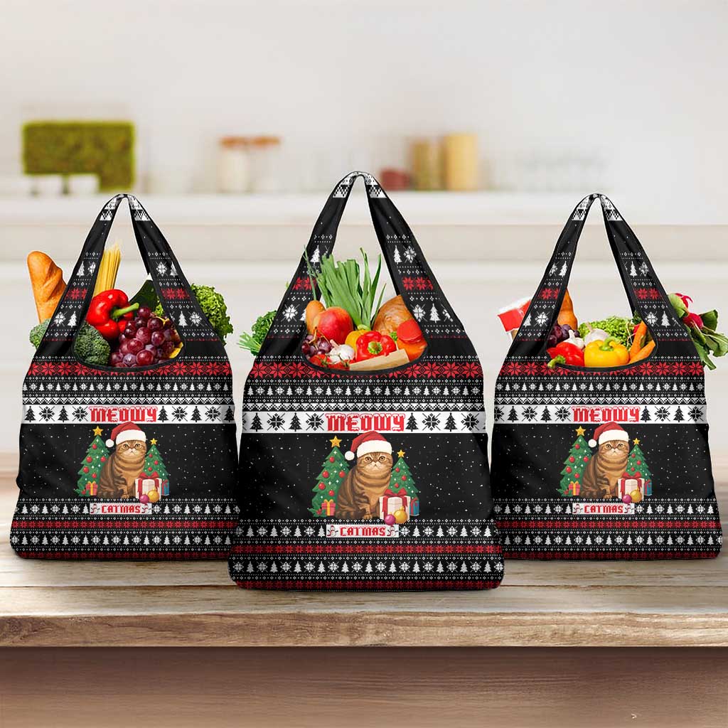 Meowy Catmas Grocery Bag with Tabby Cat Santa Hat and Christmas Tree Gift Pattern Design - Wonder Print Shop