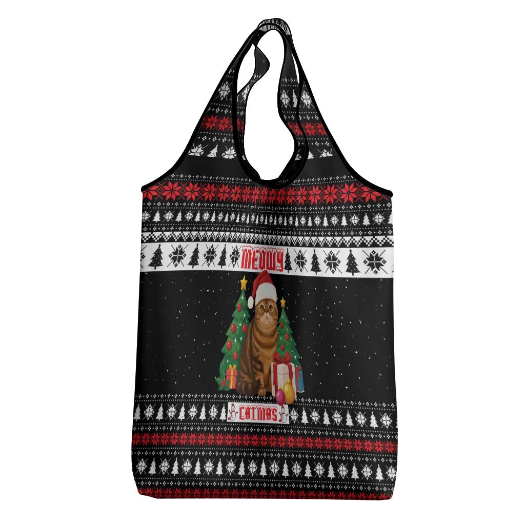 Meowy Catmas Grocery Bag with Tabby Cat Santa Hat and Christmas Tree Gift Pattern Design - Wonder Print Shop