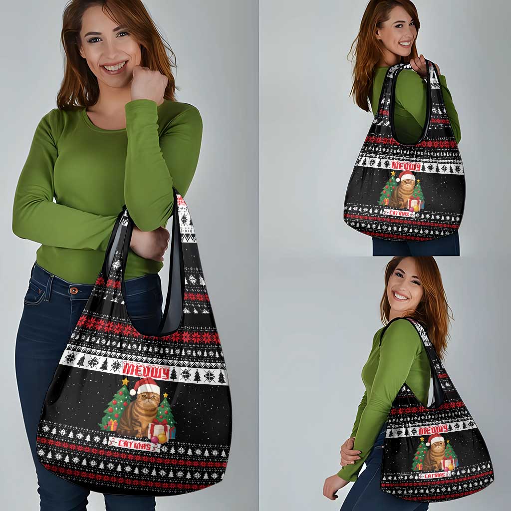 Meowy Catmas Grocery Bag with Tabby Cat Santa Hat and Christmas Tree Gift Pattern Design - Wonder Print Shop