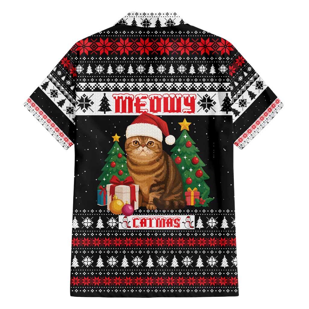 Meowy Catmas Hawaiian Shirt with Tabby Cat Santa Hat and Christmas Tree Gift Pattern Design - Wonder Print Shop