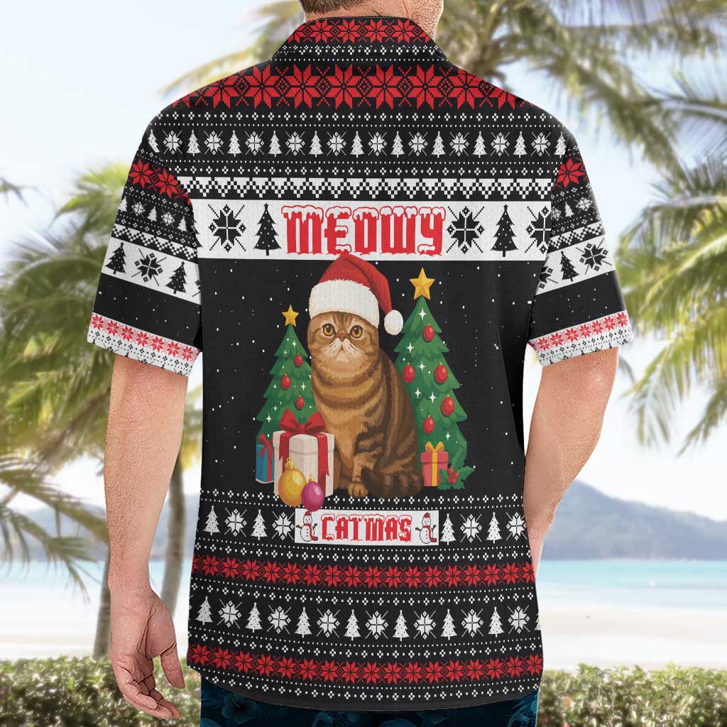 Meowy Catmas Hawaiian Shirt with Tabby Cat Santa Hat and Christmas Tree Gift Pattern Design - Wonder Print Shop