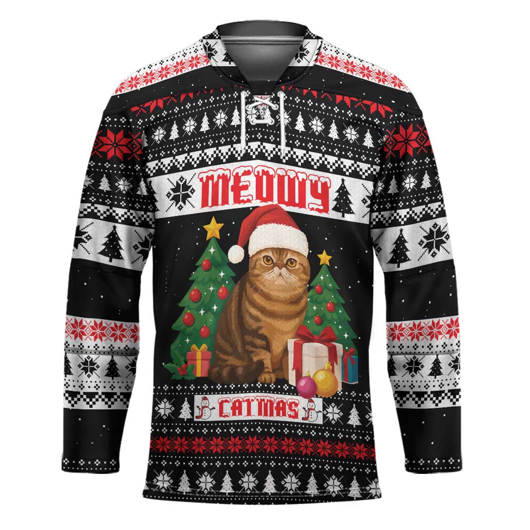 Meowy Catmas Hockey Jersey with Tabby Cat Santa Hat and Christmas Tree Gift Pattern Design - Wonder Print Shop