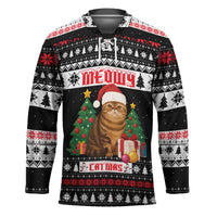 Meowy Catmas Hockey Jersey with Tabby Cat Santa Hat and Christmas Tree Gift Pattern Design - Wonder Print Shop