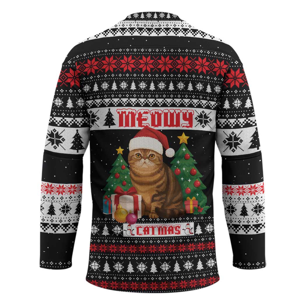 Meowy Catmas Hockey Jersey with Tabby Cat Santa Hat and Christmas Tree Gift Pattern Design - Wonder Print Shop