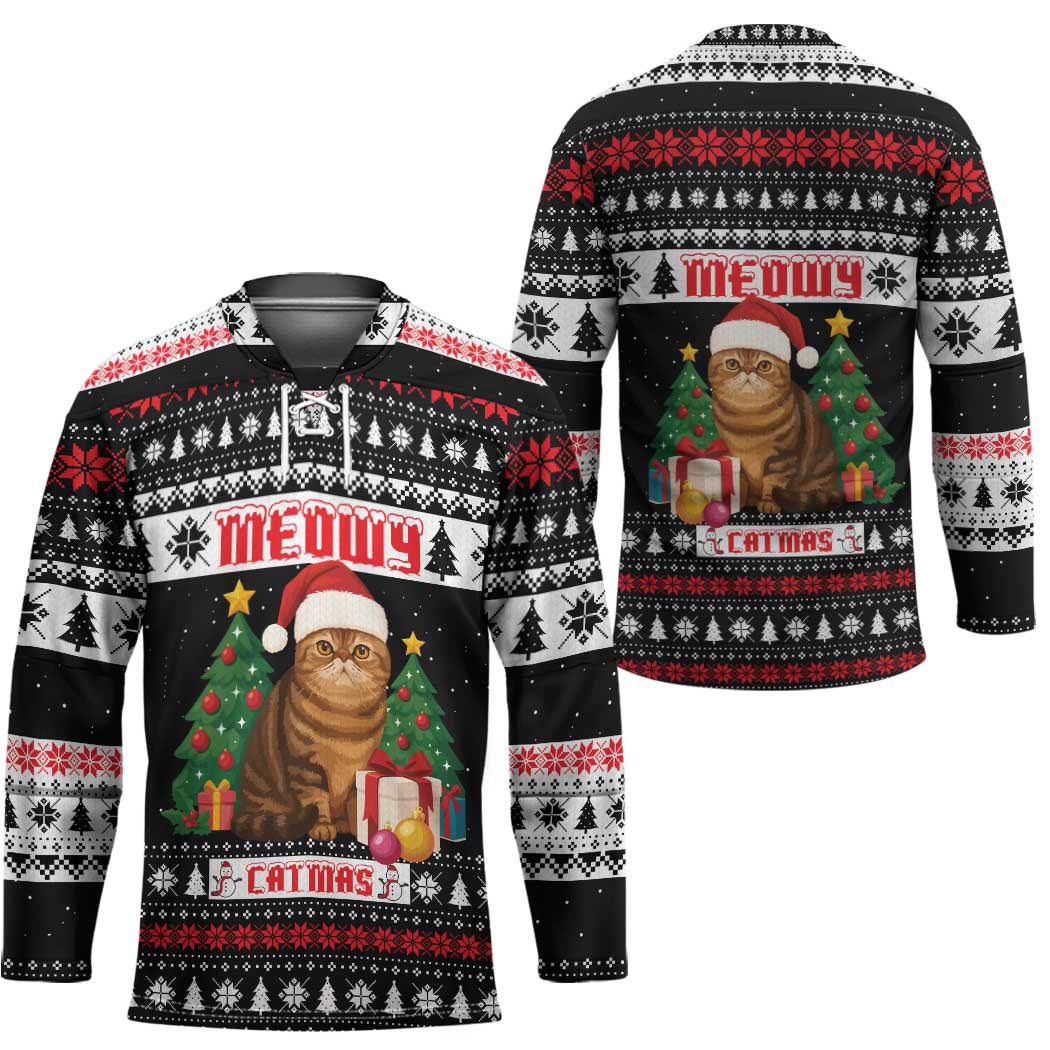 Meowy Catmas Hockey Jersey with Tabby Cat Santa Hat and Christmas Tree Gift Pattern Design - Wonder Print Shop