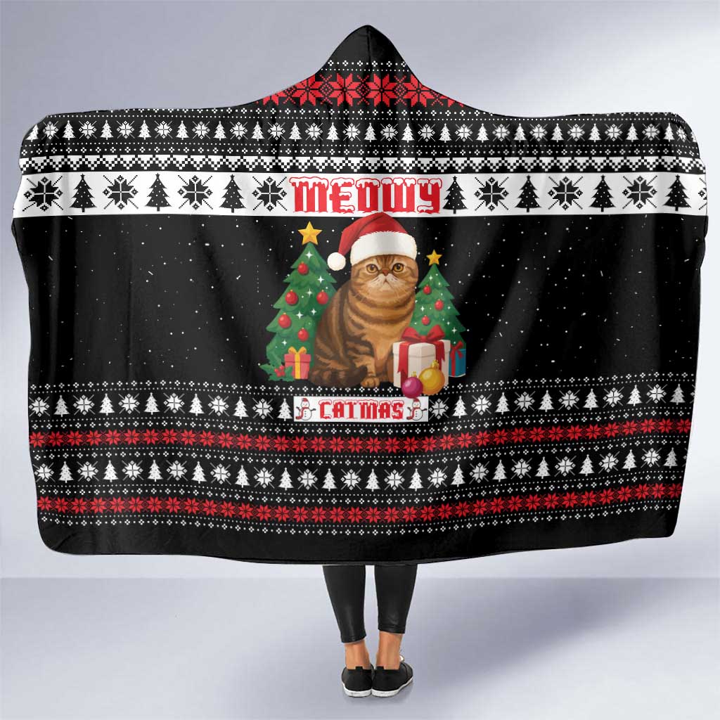 Meowy Catmas Hooded Blanket with Tabby Cat Santa Hat and Christmas Tree Gift Pattern Design - Wonder Print Shop