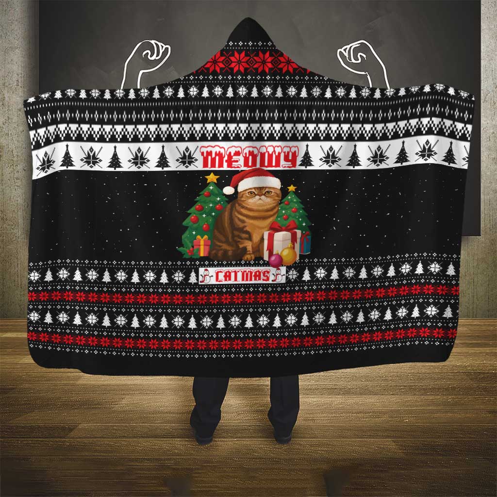 Meowy Catmas Hooded Blanket with Tabby Cat Santa Hat and Christmas Tree Gift Pattern Design - Wonder Print Shop