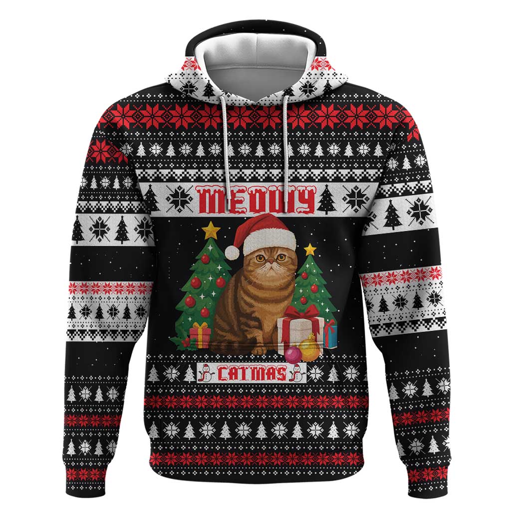 Meowy Catmas Hoodie with Tabby Cat Santa Hat and Christmas Tree Gift Pattern Design - Wonder Print Shop