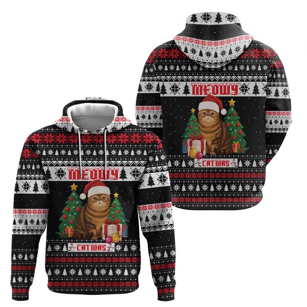 Meowy Catmas Hoodie with Tabby Cat Santa Hat and Christmas Tree Gift Pattern Design - Wonder Print Shop