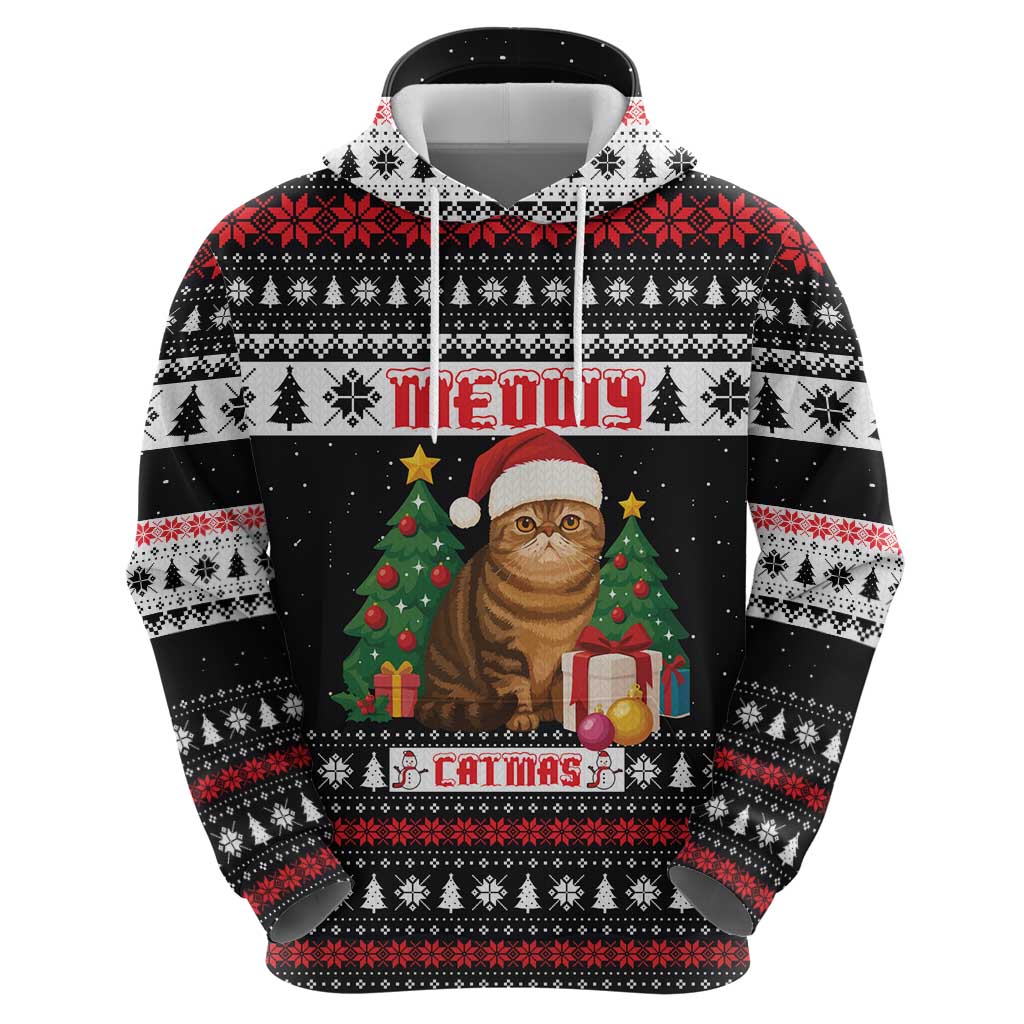 Meowy Catmas Hoodie with Tabby Cat Santa Hat and Christmas Tree Gift Pattern Design - Wonder Print Shop