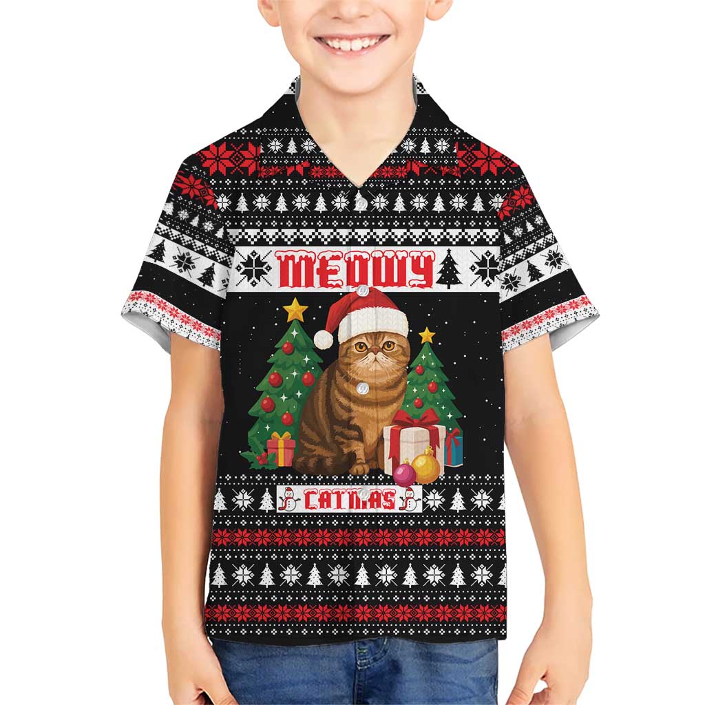 Meowy Catmas Kid Hawaiian Shirt with Tabby Cat Santa Hat and Christmas Tree Gift Pattern Design - Wonder Print Shop