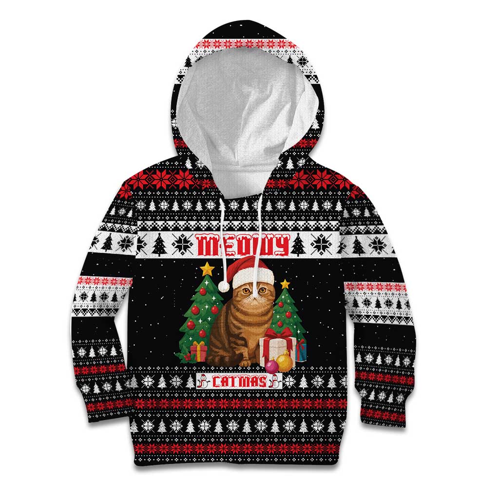 Meowy Catmas Kid Hoodie with Tabby Cat Santa Hat and Christmas Tree Gift Pattern Design - Wonder Print Shop