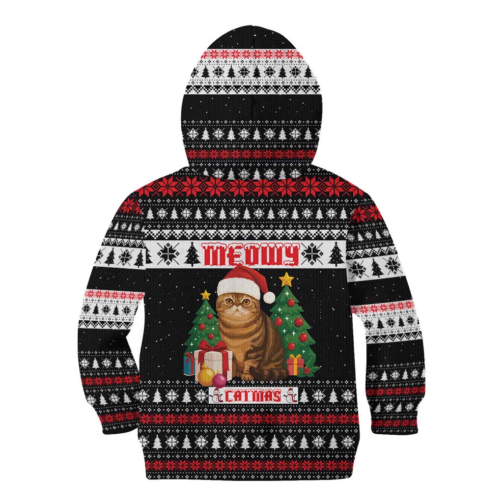 Meowy Catmas Kid Hoodie with Tabby Cat Santa Hat and Christmas Tree Gift Pattern Design - Wonder Print Shop