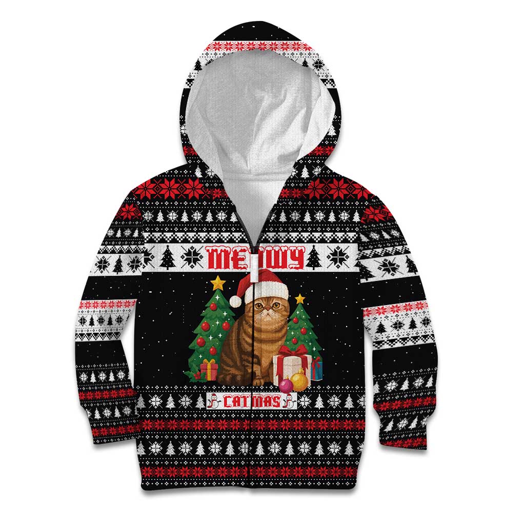 Meowy Catmas Kid Hoodie with Tabby Cat Santa Hat and Christmas Tree Gift Pattern Design - Wonder Print Shop