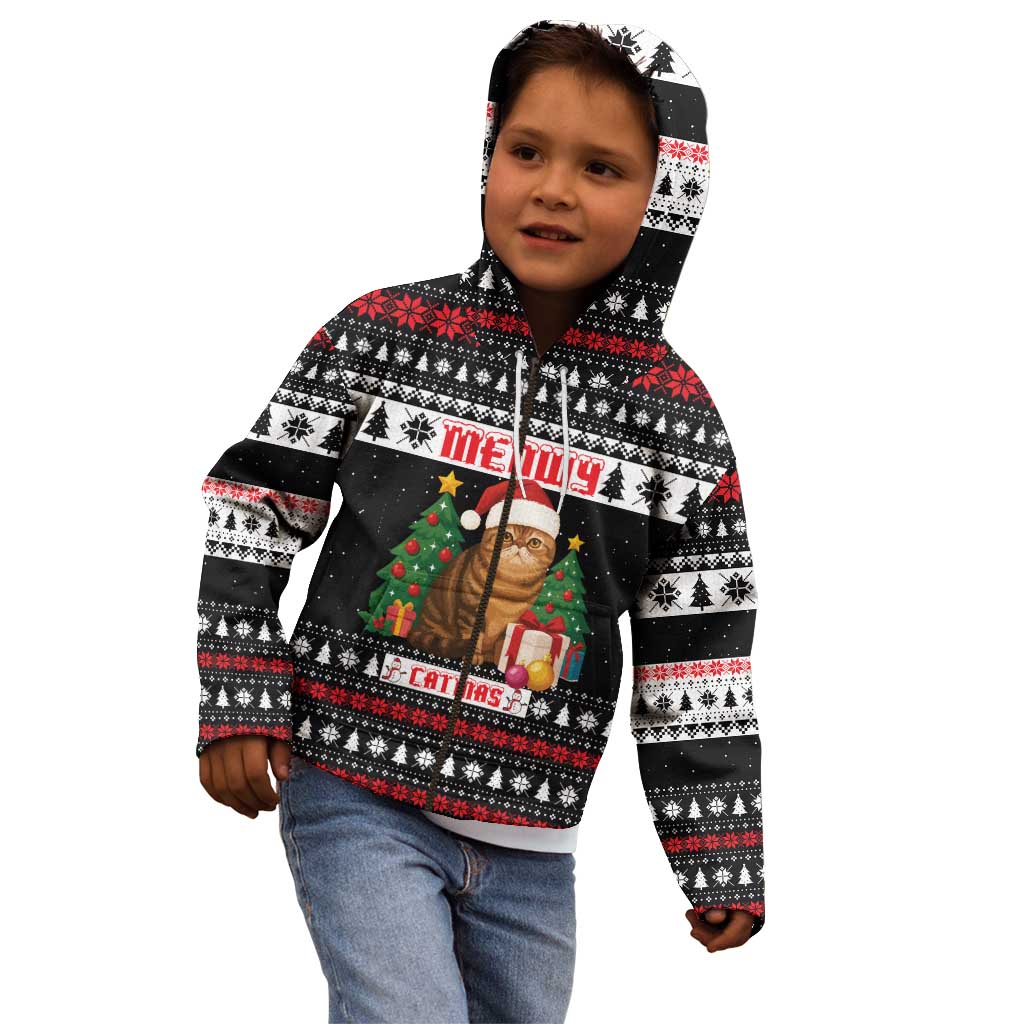 Meowy Catmas Kid Hoodie with Tabby Cat Santa Hat and Christmas Tree Gift Pattern Design - Wonder Print Shop