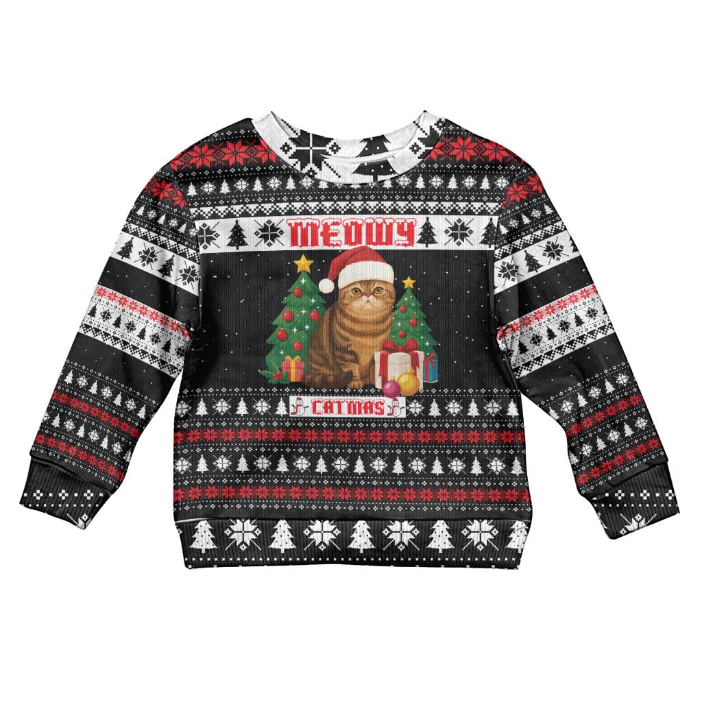 Meowy Catmas Kid Ugly Christmas Sweater with Tabby Cat Santa Hat and Christmas Tree Gift Pattern Design - Wonder Print Shop
