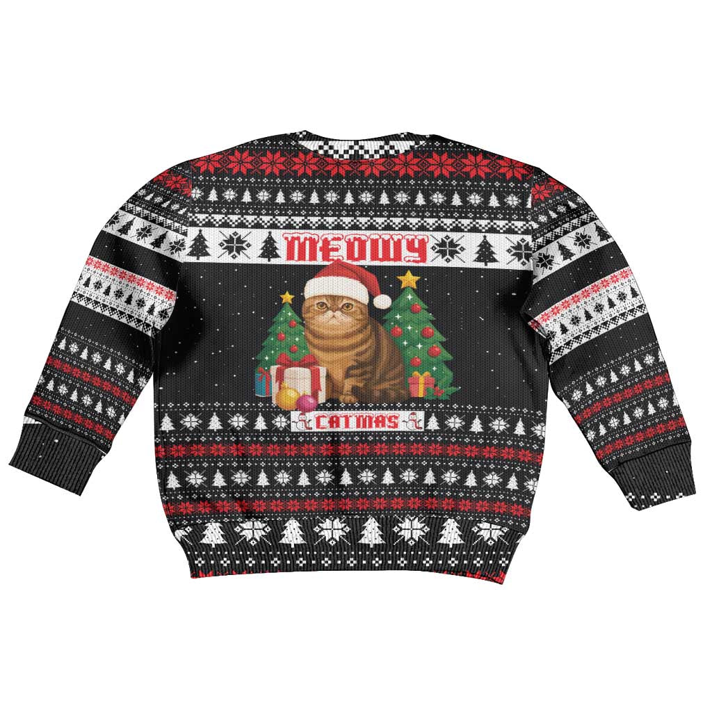 Meowy Catmas Kid Ugly Christmas Sweater with Tabby Cat Santa Hat and Christmas Tree Gift Pattern Design - Wonder Print Shop