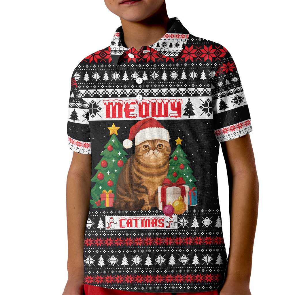 Meowy Catmas Kid Polo Shirt with Tabby Cat Santa Hat and Christmas Tree Gift Pattern Design - Wonder Print Shop
