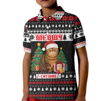 Meowy Catmas Kid Polo Shirt with Tabby Cat Santa Hat and Christmas Tree Gift Pattern Design - Wonder Print Shop