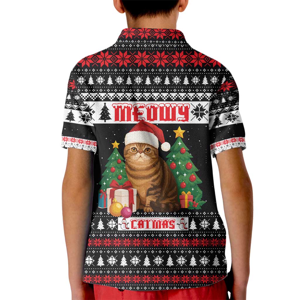 Meowy Catmas Kid Polo Shirt with Tabby Cat Santa Hat and Christmas Tree Gift Pattern Design - Wonder Print Shop