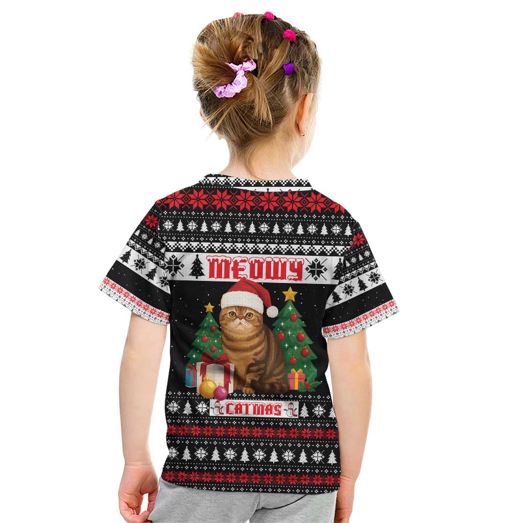 Meowy Catmas Kid T Shirt with Tabby Cat Santa Hat and Christmas Tree Gift Pattern Design - Wonder Print Shop
