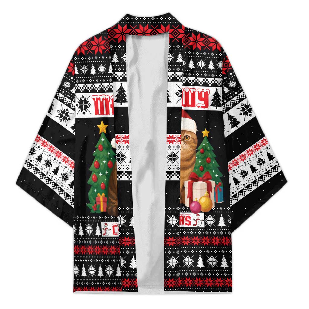 Meowy Catmas Kimono with Tabby Cat Santa Hat and Christmas Tree Gift Pattern Design - Wonder Print Shop